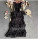 High-End Feel Leaf Edge Mesh Cake Dress Women's Waist Thin Temperament A Word Shoulder Super Fairy Long