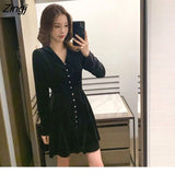 Sleeve Dress Women Button V-neck Solid Casual Female Korean Style Elegant Simple Sexy Mini Autumn Popular Fashion