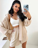 Women's Solid Color Single Row Buckle Long-Sleeved Shirt Loose Fashion Casual Shorts