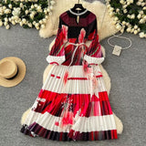 Elegant Dress Women Fashion Nail Ball Collar Hollow Pressure Folding Lantern Sleeves To Print Long