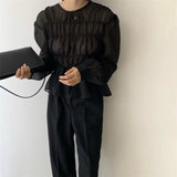 Spring Blusa O-Neck Puff Long Sleeve Blouse Korean Ins Solid Pleated Design Perspective Summer Shirt Fashion Clothing