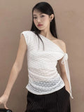 Desire Girl Wind Thin Slim See One Shoulder Design Ribbon Short-Sleeved Top Babes Reduce Age Thin One-On-Wear