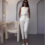Zingj New 2024 Summer Sleeveless Vest Jacket High Waist Straight Leg Pants Solid Color Two-Piece Set-Outfit