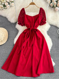 Vintage Women Lace Patchwork Midi Dress Elegant Square Collar Short Puff Sleeve Big Swing Casual Vestidos Female 2023