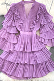 Vintage Women Cascading Ruffle Party Dress Elegant V-Neck Flare Long Sleeve High Waist A-Line Mini Vestidos Female