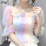 Sheer Lace Shirts Women Sexy Off Shoulder Slim Tunic Crop Tops Harajuku Fashion Elegant Short Sleeve Mesh Party