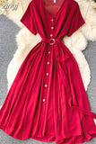 Vintage V-Neck Single Breasted Midi Dress For Women Elegant Short Sleeve High Waist A-Line Slim Green/Red/Purple