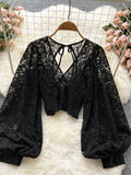 Black/White/Brown Sexy Lace Blouse Women Elegant V-Neck Puff Long Sleeve Open Back Short Tops Female Party Blusas