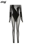 Velvet&Mesh Patchwork Skinny Bodystocking Women Jumpsuits Activity Wear Sexy See-Through Stretchy Romper