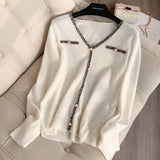 Soft Women Pullover Sweater Sexy V Neck Autumn Basic Chic Button Knitted Blouse Long Sleeve Slim Korean Female