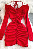 Autumn Black/Red Sexy Halter Draped Sheath Dress Women Elegant V-Neck Long Sleeve Bodycon Party Robe Female New