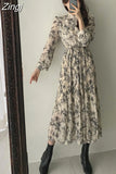 Spring Women New Floral Chiffon Dress Casual Pleated Woman Dress Fashion Ladies Womens Print Long Sleeve