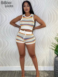 Striped Knit Y2K Two Piece Sets Women Casual Hollow O Neck Pullover Tops+Bandage High Waist Shorts Matching