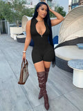 Sexy Sporty Zipper Sleeveless Rompers Playsuits Ribbed Knitted All In One Jumpsuit Women Shorts Summer Clothes