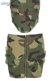Camouflage Print 2 Piece Set Women Sleeveless Zip Frock Corset Top+High Waist Skirts Lady Matching Attirewear