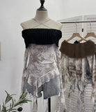 Shot Shoulder Cross Hanging Neck Knitting Mesh Yarn Coat Irregular Ribbon Horn Long-Sleeved T-Shirt