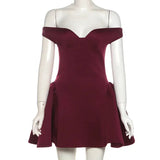 Burgundy Off-shoulder Plunge Backless Mini Dress- Outfit
