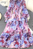 Vintage Women Floral Chiffon Midi Dress Elegant Ruffle Stand Collar Lantern Long Sleeve High Waist Big Swing Draped