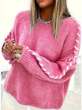 Leisure Pure Color Round Collar Knitted Shirt Wear Rope Design Loose Lanky Long Sleeve Sweater Female