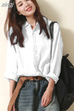 Women Tops White Blouse Fashion 2023 Vintage Cotton and Linen Office Shirt Loose Solid Long Sleeve Button Clothes