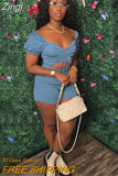 Summer Sexy Off Shoulder Short Sleeve Drawstring Stretch Denim Shorts Jumpsuit V-neck Pleated Hollow Jeans