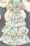 Women Floral Ruffle Pleated Long Dress Vintage V-Neck Short Sleeve High Waist Tierred Maxi Robe Vacation Beach