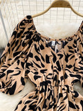 Women Printed Long Dress Vintage V-Neck Puff Short Sleeve A-Line Slim Vestidose Female Elegant Casual Robe New