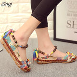 Size Flat Shoes Woman Beaded Strap Women Colorful Back Lace up Fashion Ladies Floral Cotton Fabric Women's