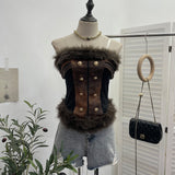 Leather Bra Waist Waist Coat Hair Spliced Pu Leather Slings To Collect Waist Thin Short Sleeveless Top