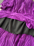 Autumn Women Satin Pleated Party Dress Vintage Diamonds Patchwork Hollow Out Lantern Sleeve Draped Elegant Robe