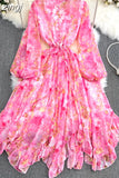 Autumn Women Floral Irregular Ruffle Long Dress Bohemian Pink/Blue/Purple Stand Collar Puff Sleeve High Waist