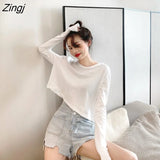 Sleeve T-shirts Women Spring Solid Loose Crop Top Sexy New Trendy Leisure Girls T-shirt Korean Stylish Teens All-match