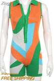 Color Match Knitted Playsuits Women Casual Fashion V Neck Sleeveless Turn Down Collar Button Up Outfits Bodycon