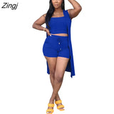 Women Casual 3 Pcs Sets Solid Set Spaghetti Straps Tank Top + Shorts+ Sleeveless Cardigan