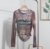 Real Shooting New Long-Sleeved Mesh Spliced Embroidered Denim Bottom T-Shirt Sun Folding Short Top