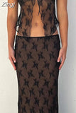 2pcs Set Women Lace Bustiers Strapless Off Shoulder Tube Tops Party Club Mesh See Through Tank Low Waist Long