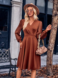 Autumn And Winter Casual Women's Fashion Solid Color Waist Splicing V Collar Dress