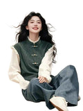 Chinese Green Fake Two-Piece Buckle Long-Sleeved Shirt Woman In The Spring Of 2025 New National Style Unique Special