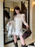 Xixi 2025 Autumn White Standard French Elegant Tie Lace Knitting Bottom Long-Sleeved Top Sweater