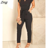 Women's One Piece Suit Long Pants V-neck Flying Sleeve Pleated Jumpsuit With Belt Summer Casual Romper Loungewear Sexy
