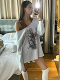 Greek Print Fake Two Collar Bump Color Loose Long-Sleeved T-Shirt Sexy Side-Shoulder Hop Casual