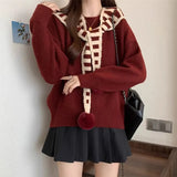 Two Striped Shawl Knitted Jersey Anola Red Sweater Women's Autumn And Winter Loose Knitted