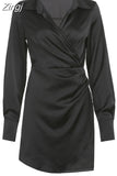 Fashion Asymmetrical Long Sleeve V Neck Black Dress Women Wrap Ruched Solid Shirt Dress Sexy Mini Ladies Elegant