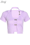 Sweet Cute Crop Top Pullovers Summer Short Sleeve Vintage Streetwear T Shirt Women Skin Button Prepply Korean E-girl