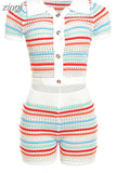 Striped Knitted Tracksuit 2Piece Set Women Shorts Sleeve Botton Cardigan Tops+Shorts Lady Matching Streetwear