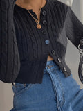 Cropped Button Cable Knit Cardigan-Outfit