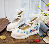 Zingj White Sole Embroidered Cloth Shoes High Heel Slope Canvas Embroidered Women's Singles Shoes Lace Retro National Style Cloth