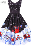 Winter Christmas Women Sexy Spaghetti Strap Swing Party Dress Vintage Robe Santa Snowflake Print
