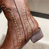 2025 New Retro Rivet Western Cowboy Boots Female Riders British Wind Side Thick And High