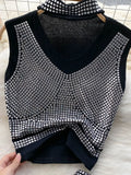 Women Sexy Sequins Two Piece Set Female Elegant Halter Sleeveless Short Tops + High Waist Bodycon Skirt Suits New